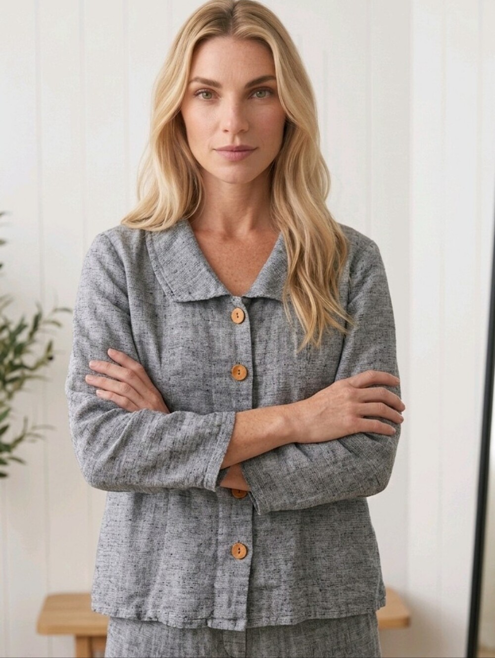 Flax 100% Linen Blue Textured Shacket Collared V-Neckline Button Down Top Blouse